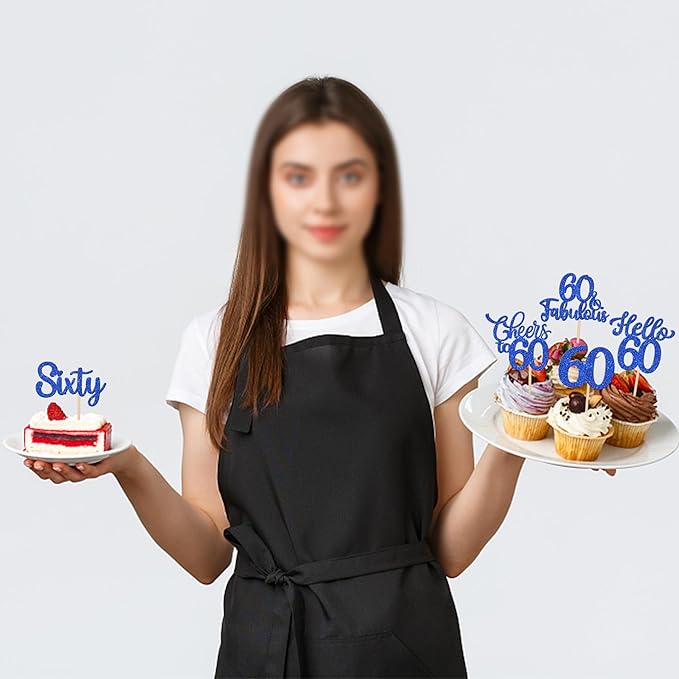 30PCS Happy 60th Birthday Cupcake Toppers Glitter Hello 60 Fabulous Sixty Cheers to 60 Years Old Birthday Cupcake Picks for Happy 60th Birthday Anniversary Party Cake Decorations Supplies Blue