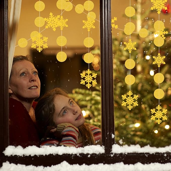 Snowflake-Snow Gold Christmas Party-Decoration Garland - 52Ft Winter Wonderland Frozen Hanging Paper Streamers,Birthday New Year Supplies Decor Lasting Surprise