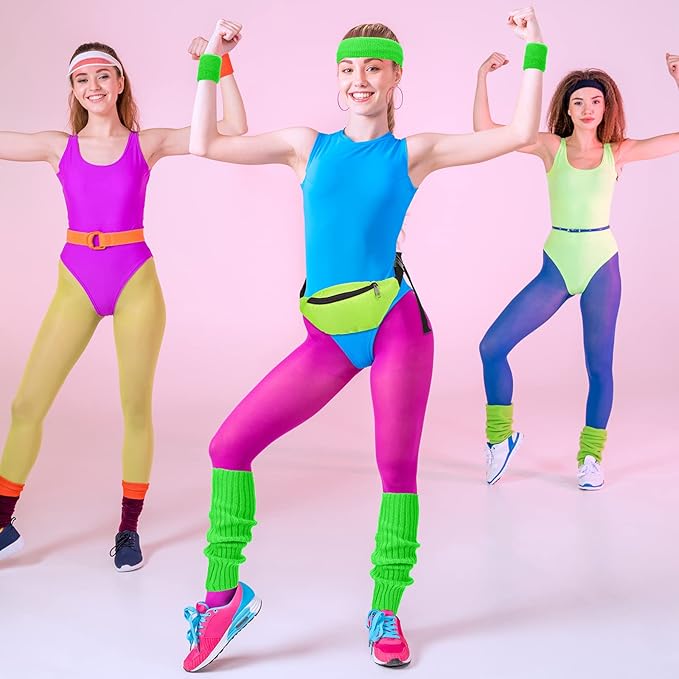 80s Women Neon Leg Warmers Headband Wristbands Earrings Hair Rings Fanny Pack Set Knit 80s Women Neon Accessories (Green)