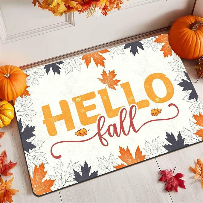 Thanksgiving Door Mat Hello Door Mat Fall Doormat, Fall Maple Leafs Doormat for Indoor Outdoor Entrance Floor Mats Non Slip Autumn Harvest Vintage Thanksiving Decor Rubber Welcome Mats, 24"x16"inch