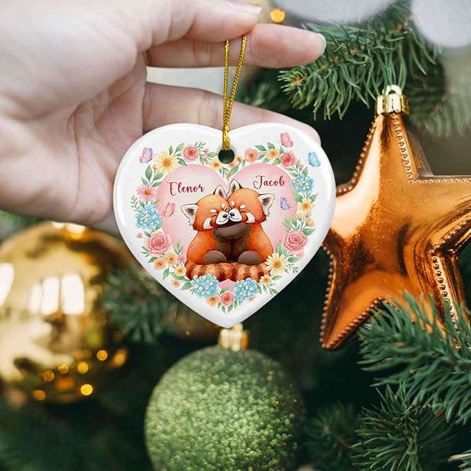 Couple Red Panda Together Ornament Christmas, Personalized Couple Engaged Ceramic Ornament Xmas, Red Panda Hugging Ornaments Gift for Boyfriend Girlfriend, Custom Names Married Christmas Keepsake
