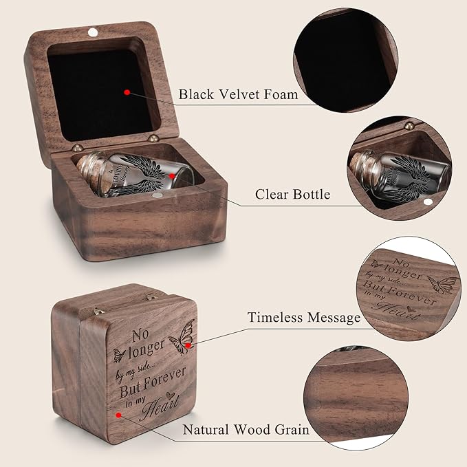 SOITIS Customized Engraving Wooden Box for Ashes - Small Glass Urn for Human Ashes Keepsake, Mini Urns for Ashes Cremation Holder, Funeral Keepsake for Women Men-Black Wings Urn