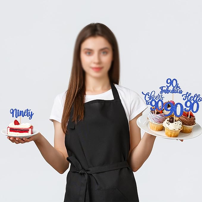 30PCS Happy 90th Birthday Cupcake Toppers Glitter Ninety Cheers to 90 Years Old Birthday Cupcake Picks Hello 90 Fabulous Cake Decorations for Happy 90th Birthday Anniversary Party Supplies Blue