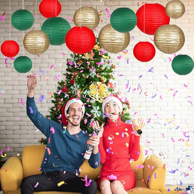 Paper Lanterns Decorative, Round Hanging Paper Lanterns Decorations for Christmas Graduation Anniversary Birthday Party Supplies Green/Red/Gold 15pcs