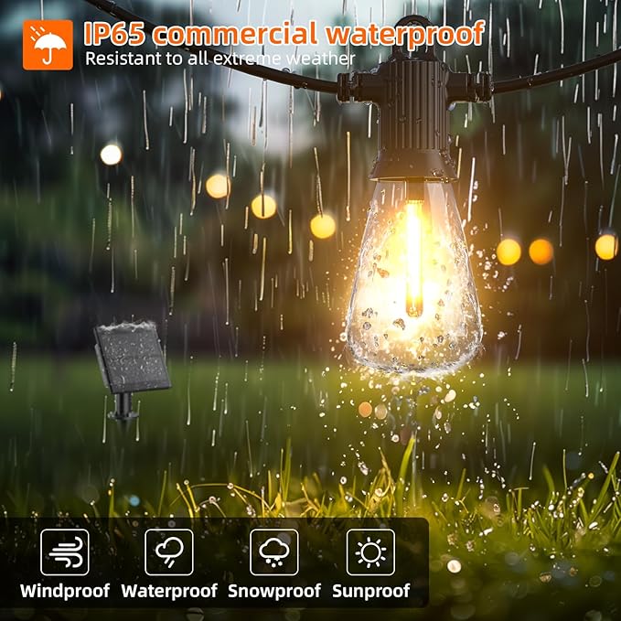 Kawaya Solar Powered String Lights: 50 FT LED Outdoor Patio Hanging Lights With 25+2 Edison Bulbs - USB-Charging - IP65 Waterproof