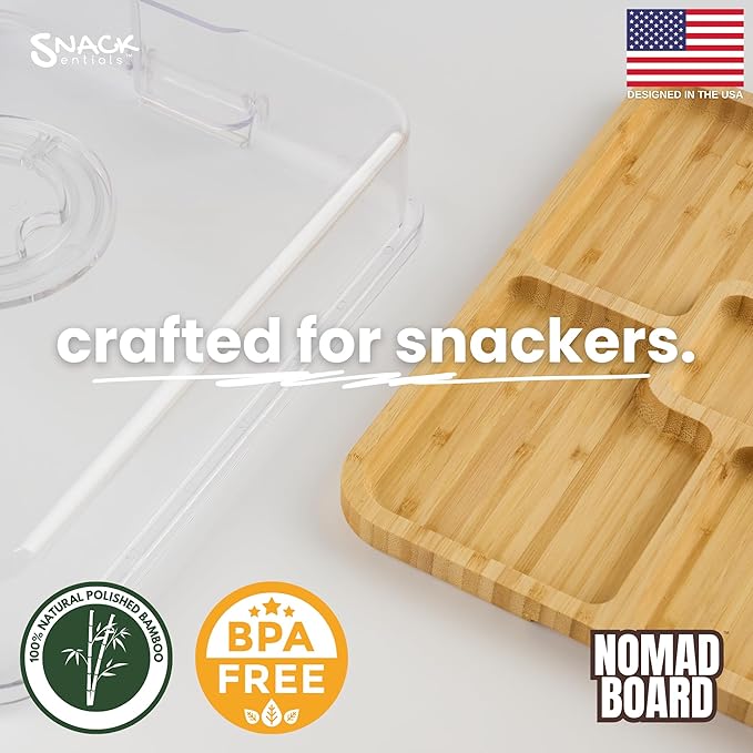 Charcuterie Board with Lid and Handle – Bamboo Travel Snack Tray with 5 Sections and 2 Dip Bowls, 11x14 inches, Covered Portable Cheese Platter for Picnics, Parties, Gifts
