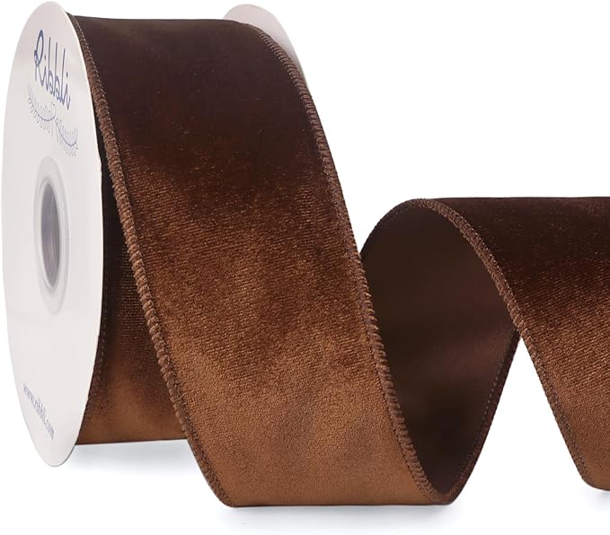 Ribbli Brown Velvet Wired Ribbon 2.5 Inch Velvet with Satin Christmas Ribbon for Gift Wrapping Christmas Tree Decoration Crafts Wreaths Supplies-Continuous 10 Yards