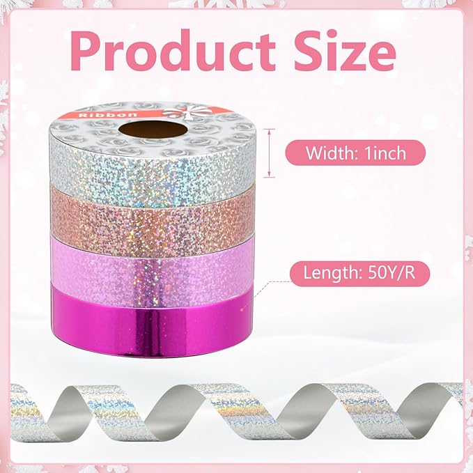 4 Rolls Wrapping Shiny Waterproof Ribbon for Christmas, 50 Yards Curling Plastic Ribbon for Gifts Package Wrapping, Bows, Festival Craft Party Decor(Purple, Pink, Rose Gold, Silver,1 Inch)