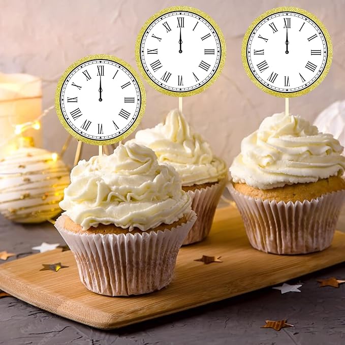 24pcs happy new year cupcake toppers, 2024 cupcake decorations (Clock B)
