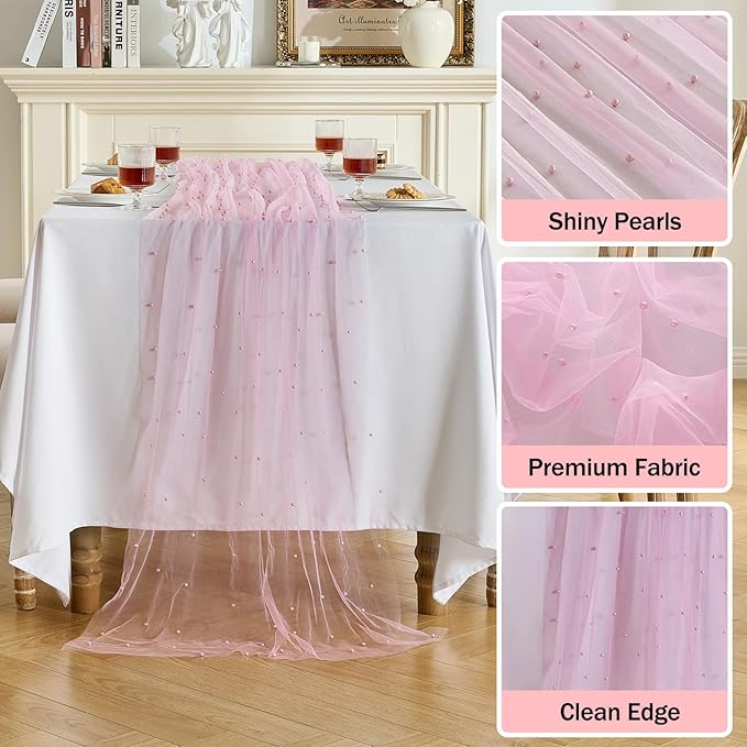 Fanami 6 Pack Pearl Table Runner -10FT Blush Pink Boho Tulle Table Runners 120 Inches Long Rustic Sheer Lace Fabric Centerpieces for Wedding Arch Birthday Party Bridal Veil Baby Shower Decorations