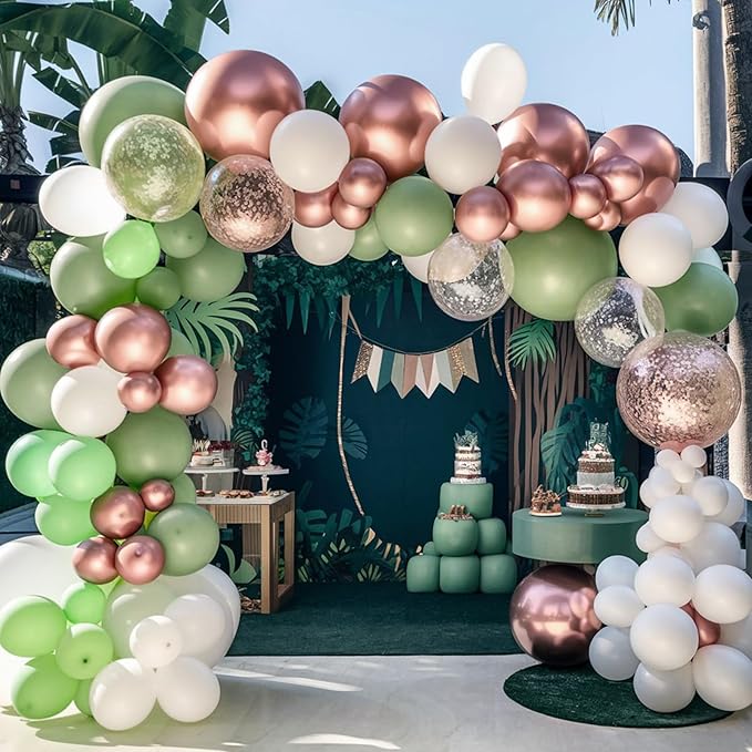 Sage Green and Rose Gold Balloons, 12 Inch Avocado Green Metallic Rose Gold Confetti Balloons, Retro Green White Balloons for Birthday Wedding Baby Shower Jungle Safari Party Decoration