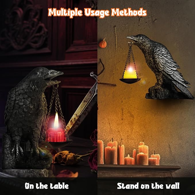 Halloween Decorations Outdoor Indoor Gothic Crow Wall Decor Table Candle Holder Raven Tealight Statue for Yard Patio Garden Bedroom Wearing Silver