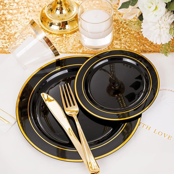 GATHER 350PCS Black Plastic Plates - Disposable Dinnerware Set Include 100PCS Black and Gold Plastic Plates, 150 Silverware, 50 Napkins, 50 Cups for Party & Wedding & New Year