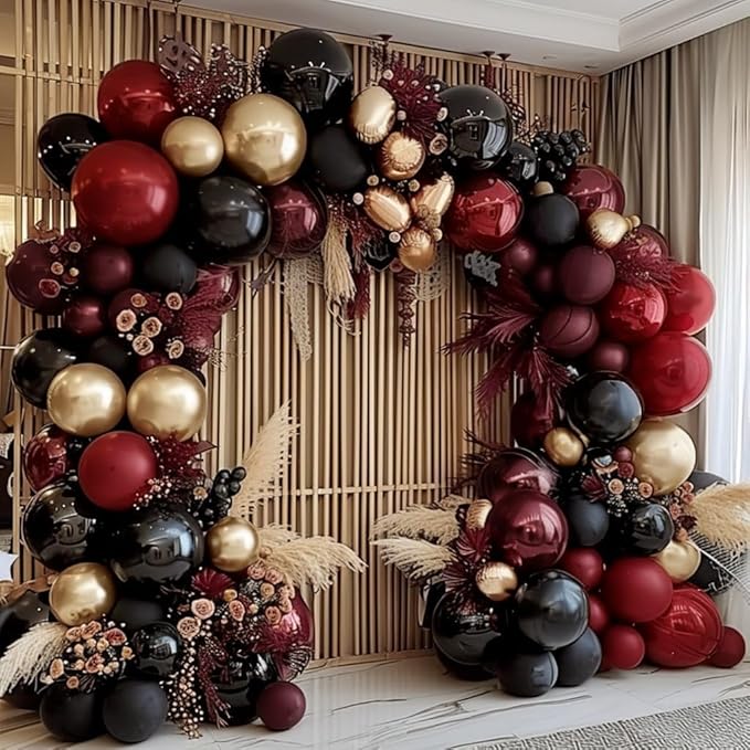 Burgundy Black Gold Balloon Garland Double Stuffed Dark Red Gold Maroon Black Balloon Arch Kit for Christmas New Year Birthday Anniversary Prom Party Decoration