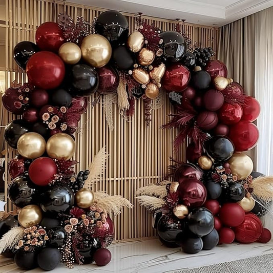 Burgundy Black Gold Balloon Garland Double Stuffed Dark Red Gold Maroon Black Balloon Arch Kit for Christmas New Year Birthday Anniversary Prom Party Decoration