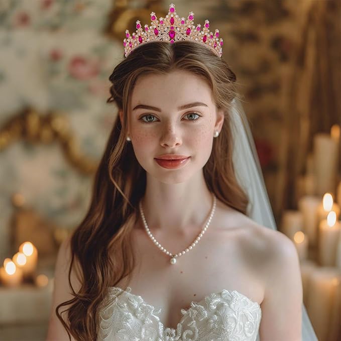 Hot Pink Tiara for Women Crystal Queen Crowns Rhinestone Princess Tiaras for Girl Wedding Headband for Bride Hair Accessories for Halloween Costume Birthday Party Prom Mother's Gifts