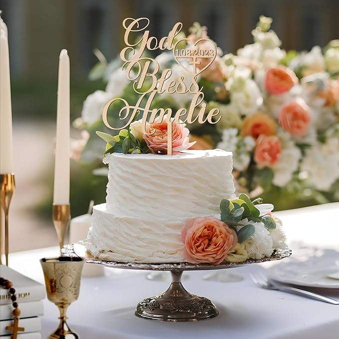 Personalized God Bless Cake Topper in Wood - Custom Baptism Cake Topper for Girl or Boy (Style-3)