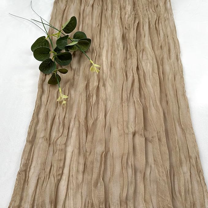 Booque Valley Nude Cheesecloth Table Runner 120 Inch 10ft Super Soft Boho Wrinkled Gauze Sheer Cloth for Baby Shower Birthday Bridal Shower Wedding Centerpiece Table Decoration, 6 Pack, Tan