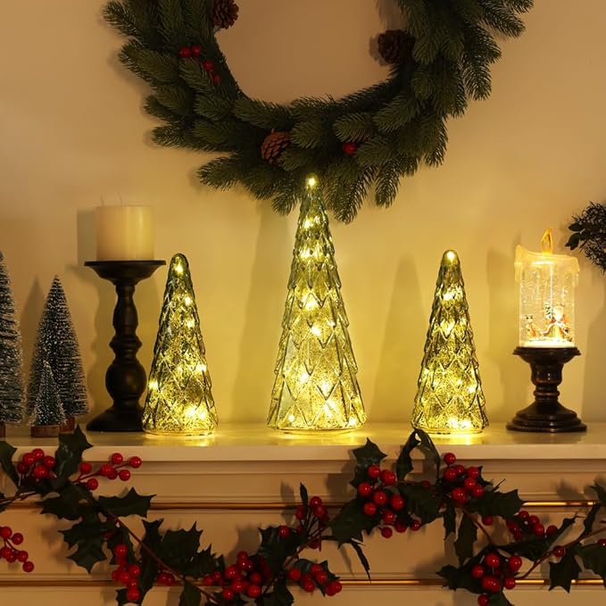Christmas Decorations Indoor, YEAHOME Set of 3 Pre-lit Green Glass Christmas Tree for Home Decor, Christmas Table Decorations Lighted Xmas Tree with Timer for Living Room Mantel Tabletop Party