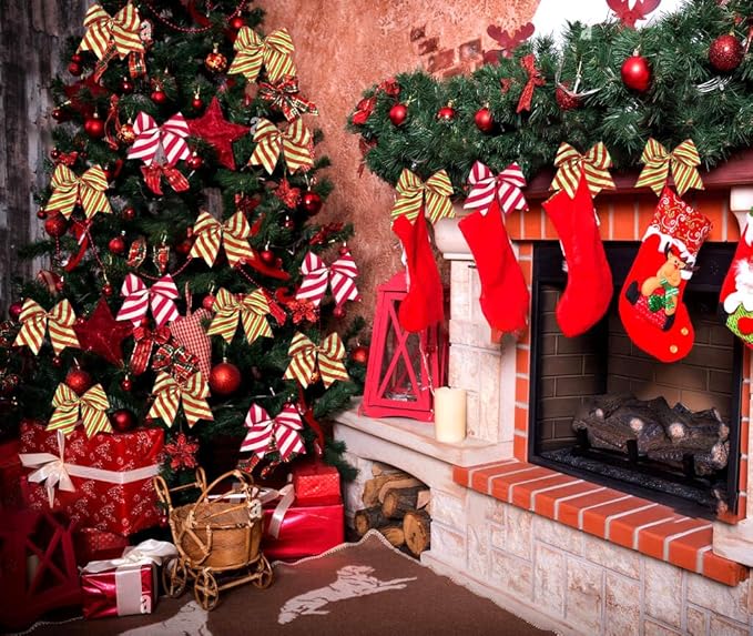 SIMISI RIBBON Christmas Tree Bows Wreaths Graland Xmas Party Decorations Red Green Stripe Ornaments (6 * 6 Inches, 12 Pcs)