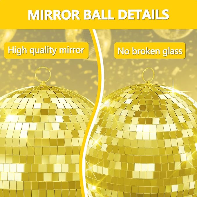 Classic Mirror Ball for Disco, 12"/16"/20" Mirror Disco Ball with Hanging Ring for DJ Club Party Live Wedding Stage Lighting Home Decor Golden 16inch