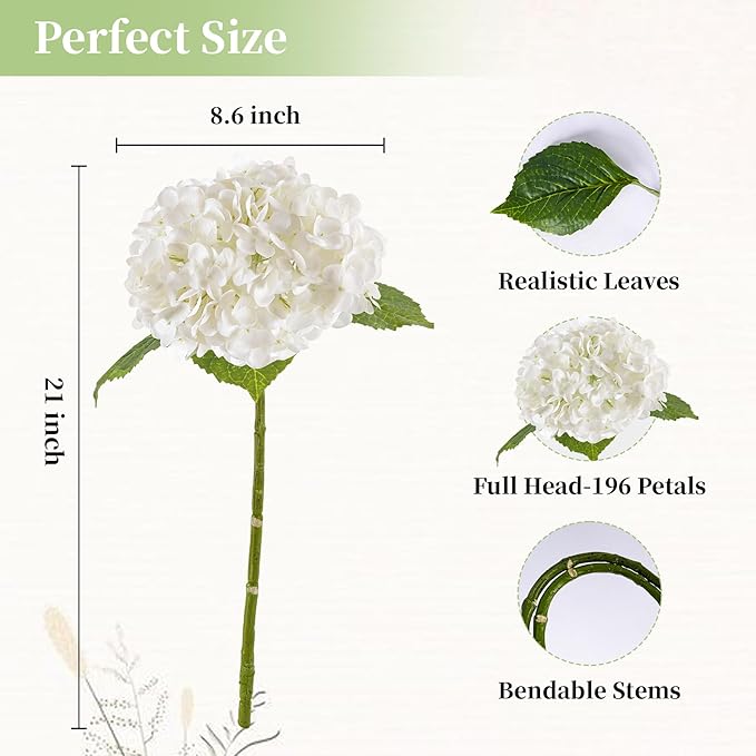BonBloom's 4 Pcs White Hydrangea Artificial Flowers, 21" Stem Real Touch Latex Faux Hydrangeas Flowers for Tables Centerpieces, Outdoor Party Floral Arrangements Wedding Bouquets Home Decor