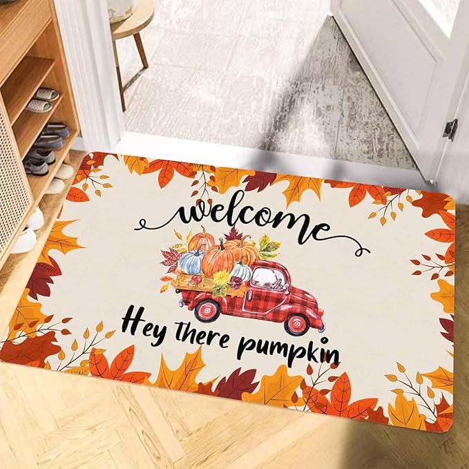 Fall Welcome Maple Leafs Decorative Door Mat, Autumn Thanksgiving Doormat for Indoor Outdoor Entrance Floor Mats,Fall Pumpkins Non Slip Harvest Vintage Decor Rubber Welcome Mats 16" x 24" Inch
