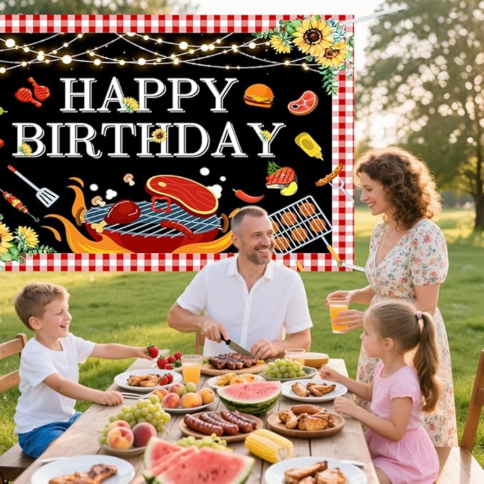 BBQ Birthday Party Decorations Large BBQ Happy Birthday Banner Red and White Gingham Picnic Banner Backdrop for BBQ Birthday Barbecue Party Supplies Yard Outdoor 7x5ft