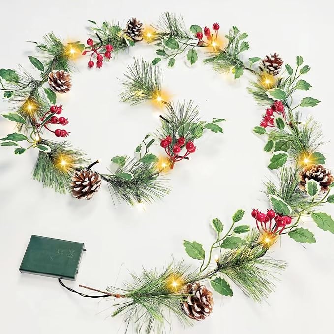 Smokey Pine Garland, Battery Operated Garland with Lights, 6FT Prelit Christmas Garland with Timer, Lighted Holly for Stairs Railing Mantle Fireplace Party Holiday