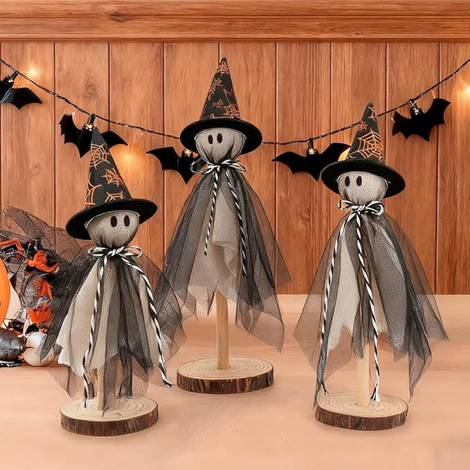 Halloween Decorations Indoor, Set of 3 Sizes Fabric Ghosts with Spiderweb Witch Hats, Primitive Wood Ghost Kit for Table Centerpiece Farmhouse Shelf Mantel Kitchen Home Decor (Black)