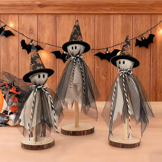 Halloween Decorations Indoor, Set of 3 Sizes Fabric Ghosts with Spiderweb Witch Hats, Primitive Wood Ghost Kit for Table Centerpiece Farmhouse Shelf Mantel Kitchen Home Decor (Black)