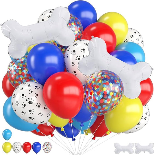 Paw Balloons,12 Inch Red Yellow Blue and White Paw Print Colorful Confetti Balloons with Bone Foil Balloon for Cartoon Carnival Circus Themed Birthday Party Decorations