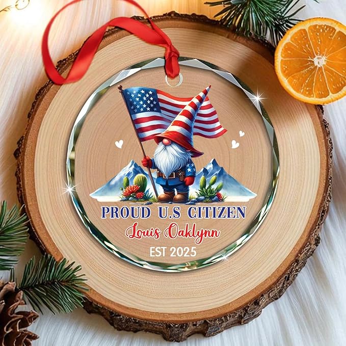 Proud U.S Citizen Gnome Christmas Ornament Decor 2025, Personalized Year & Name U.S Citizenship Xmas Ornament Gift for Grandpa Grandma Patriotic Holiday, Custom American Citizen Glass Decor Ornaments