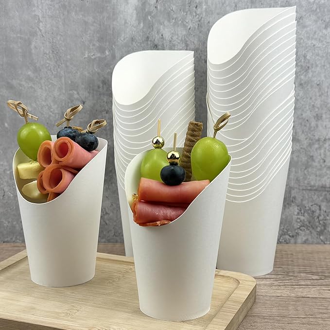 CAMKYDE 50 Charcuterie Cups + 200 Cocktail Picks + 56 Labels, 12 oz Disposable Charcuterie Cups with Sticks (2 Types), French Fry Cup White Paper Appetizer Cup for all Occasions（White）