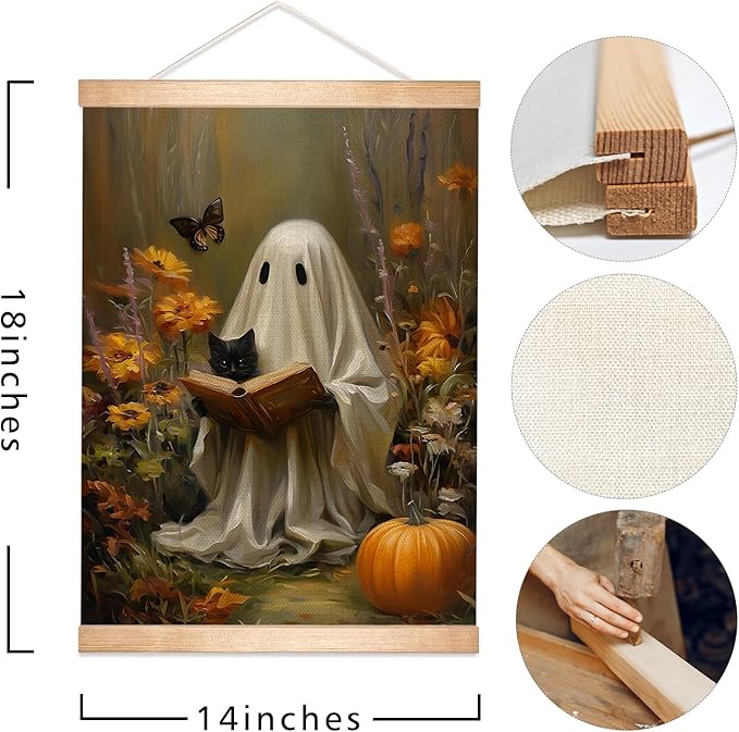 Rustic Ghost and Black Cat Reading Book Wall Art 18.5x14 Inch,Fun Ghost Linen Canvas Wall Hanging Poster Decor, Retro Gothic Haunted House Theme Wall Poster for Library Reading Corner,Halloween Decorations(BLK06)