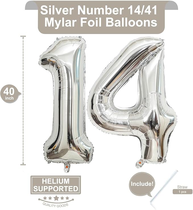 40 Inch Silver 14 Number Balloons Giant 14 or 41 Balloons Silver Birthday 14 Balloons 14th Birthday Anniversary Party Decorations Supplies