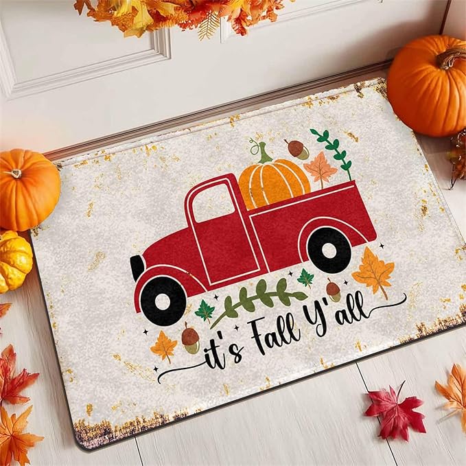Fall Door Mat, Pumpkin Truck Welcome Mats Outdoor Autumn Doormats for Front Door Decorations Autumn Harvest Vintage Thanksiving, 30"x18"inch