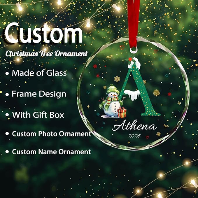 Personalized Round Christmas Crystal Glass Ornaments Custom 2025 Name Ornament for Christmas Tree Decor Customized Smowman Tree Hanging Gifts for Family