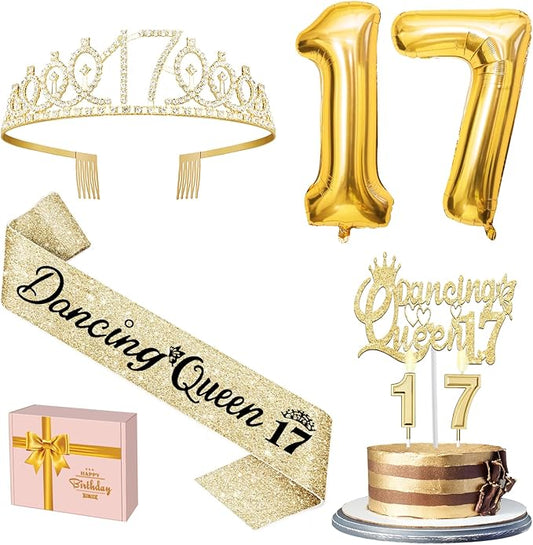 Dancing Queen Party Decorations 17 with Gold Dancing Queen Sash and Tiara, Cake Topper and Candles, Number Balloons Gold for 17th Birthday Decorations for Girls