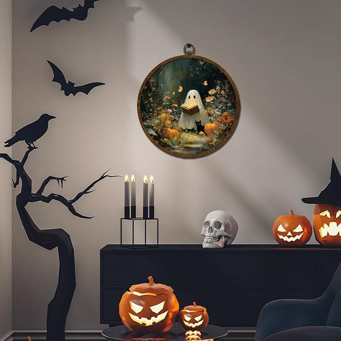 Funny Halloween Ghost and Black Cat Round Wall Art,Gothic Canvas Wall Hanging Decor, Spooky Farmhouse Vintage Round Wall Art for Bedroom Living Room Entryway, Rustic Ghost Gothic Wall Decor,Gift for Halloween 10Inch (Dark-Ghost03)