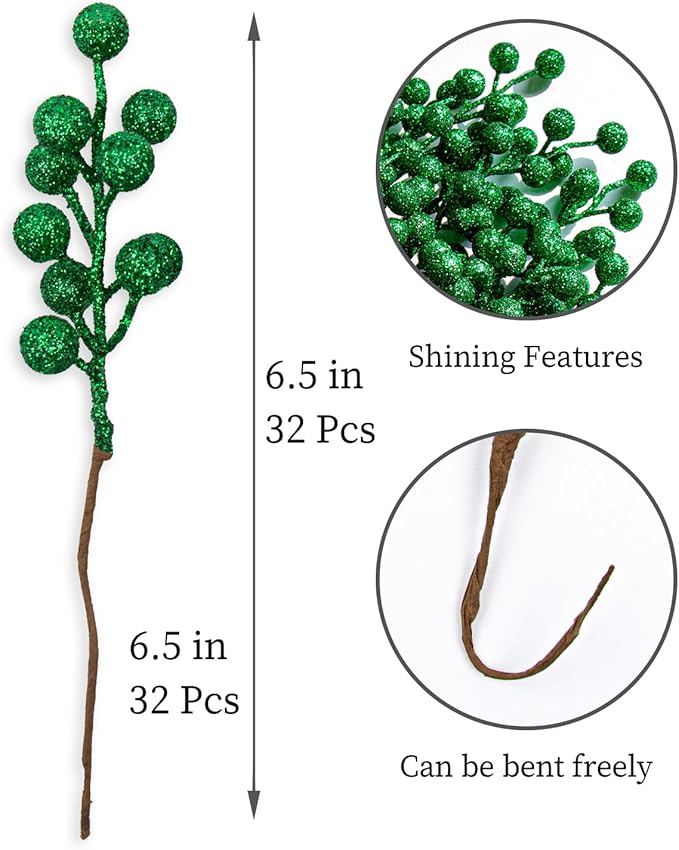 VioletEverGarden 32 Pack Glitter Christmas Picks 6.5 Inch Christmas Berry Stems Green Artificial Berry Stems for Holiday Xmas Tree Home Decorations