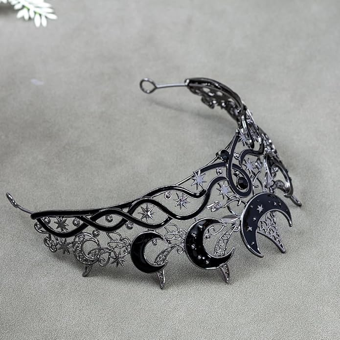 Gothic Black Moon Star Tiara Crown for Women Girls, Retro Celestial Witch Headpiece with Crescent Moon and Stars, Costume Cosplay Halloween Party Prom Wedding Birthday Accessories