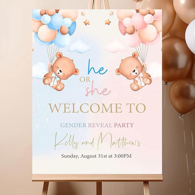 Gender Reveal Welcome Sign – Teddy Bear Balloon Theme,Personalized Teddy Bear Gender Reveal Welcome Sign, He or She Yard Sign, Boy or Girl Gender Reveal Sign, We Can Bearly Wait Gender Reveal .15