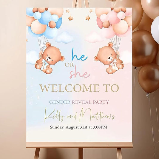 Gender Reveal Welcome Sign – Teddy Bear Balloon Theme,Personalized Teddy Bear Gender Reveal Welcome Sign, He or She Yard Sign, Boy or Girl Gender Reveal Sign, We Can Bearly Wait Gender Reveal .15