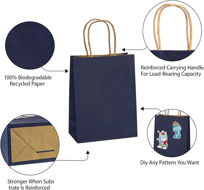 MOZRRO Gift Bags, 100 Pack 10.5x8.5x4.5 Inch, Paper Bags with Handles, Medium Size, Gentleman Blue Gift Bag for Birthday, Wedding, Bulk, Party, Lunch, Goodie