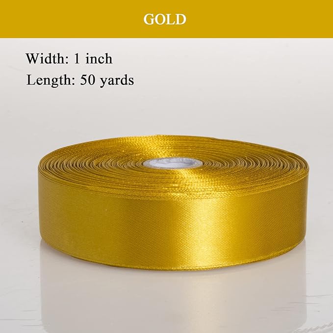1 Inch Gold Solid Satin Ribbon, 50 Yards Craft Fabric Ribbon for Gift Wrapping Floral Bouquets Wedding Party Decoration