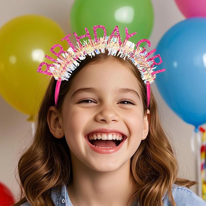 Jaciya Birthday Girl Glitter Headband for Women Girls Sparkling Hot Pink Party Hair Accessories with Confetti Tinsel
