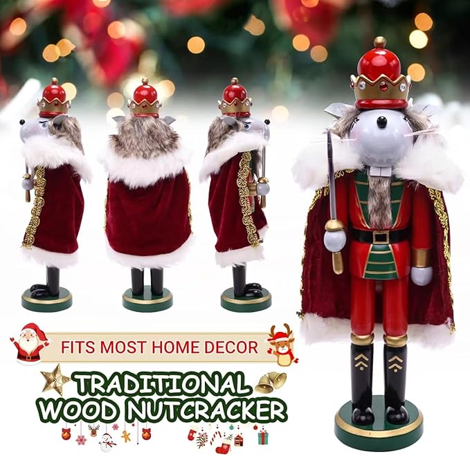 11" Wooden Mouse King Nutcracker, Festive Christmas Decoration, Handcrafted Mouse Themed Nutcracker Collectible Christmas Decor for Tabletop, Shelves, and Fireplace Mantel