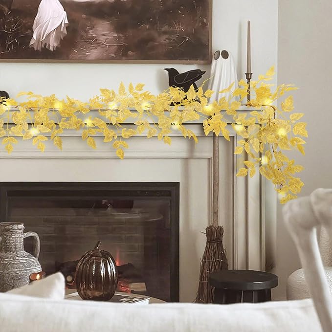 Neutral Fall Garland for Mantle Fireplace - 2 Pack 6Ft Plum Cimicifuga Seeded Leaf Garlands Yellow Autumn Décor Table Decorations for Home Indoor Door Halloween Realistic Leaves Garlands Outdoor