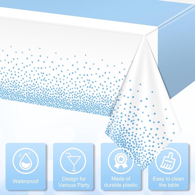 MASHAN 3Pcs White and Light Blue Tablecloth Party Decorations,Plastic White Table Cloth Printed Baby Blue Table Runner Disposable Rectangle Cover for Birthday Baby Shower Wedding Party,54 x108 Inch